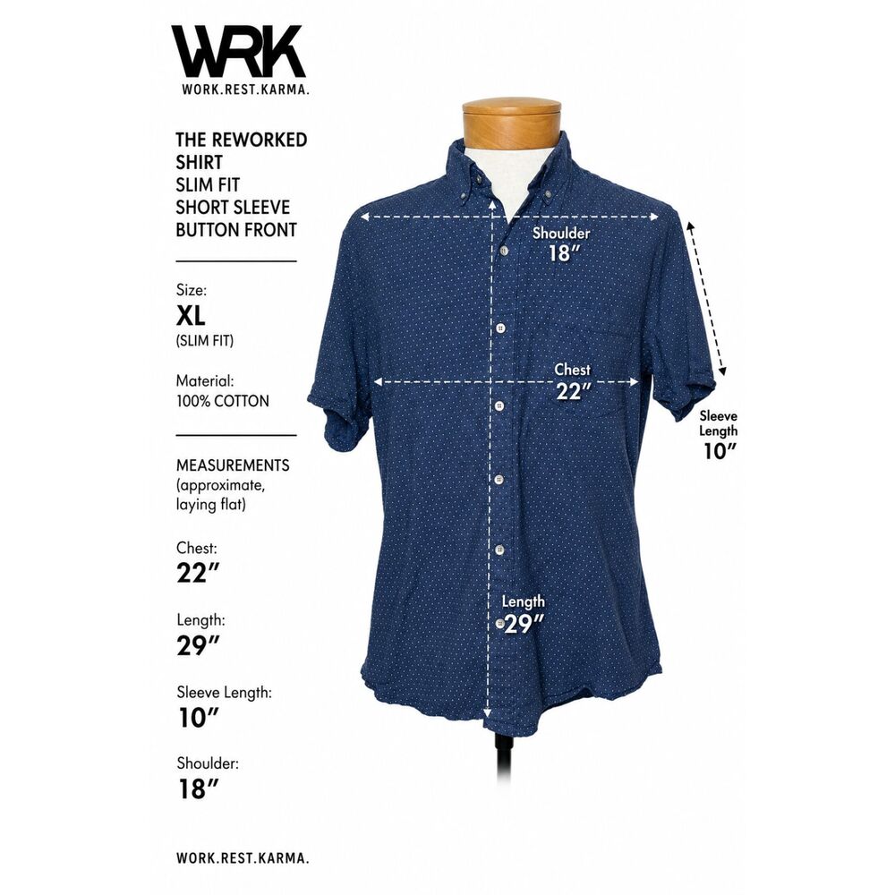 WRK Work Rest Karma Slim Button Shirt Blue Dot Cotton XL Short Sleeve Casual - Picture 6 of 10